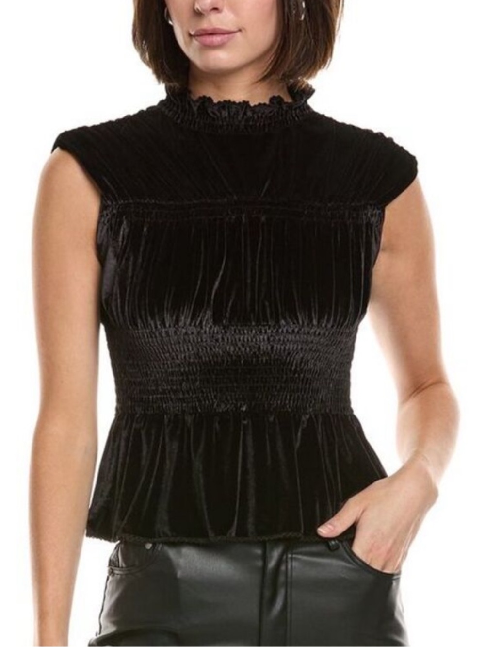 SANDRO shirred velvet peplum top black size 1 US small